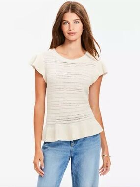 Ann Taylor LOFT Pointelle Ruffle‎ Sweater Top in Whitecap Cream Size XL EUC